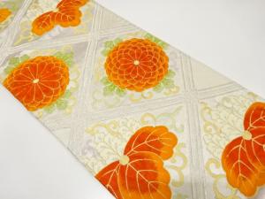 アンティーク　斜め格子に桐・菊模様織り出し袋帯（着用可）